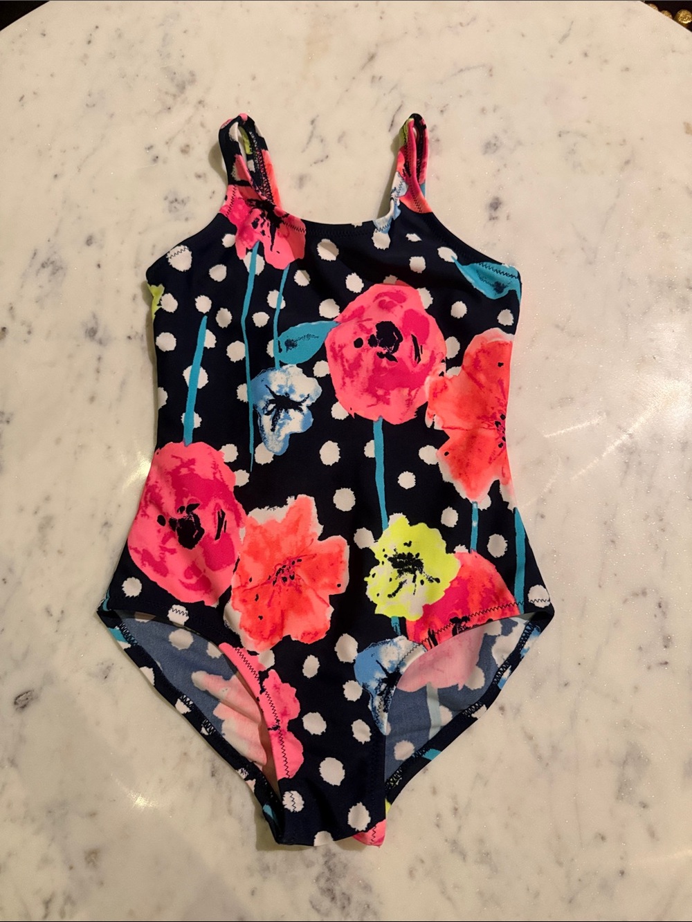 Girls' Navy Floral One-Piece Swimsuit - Bright Pink & Neon Accents